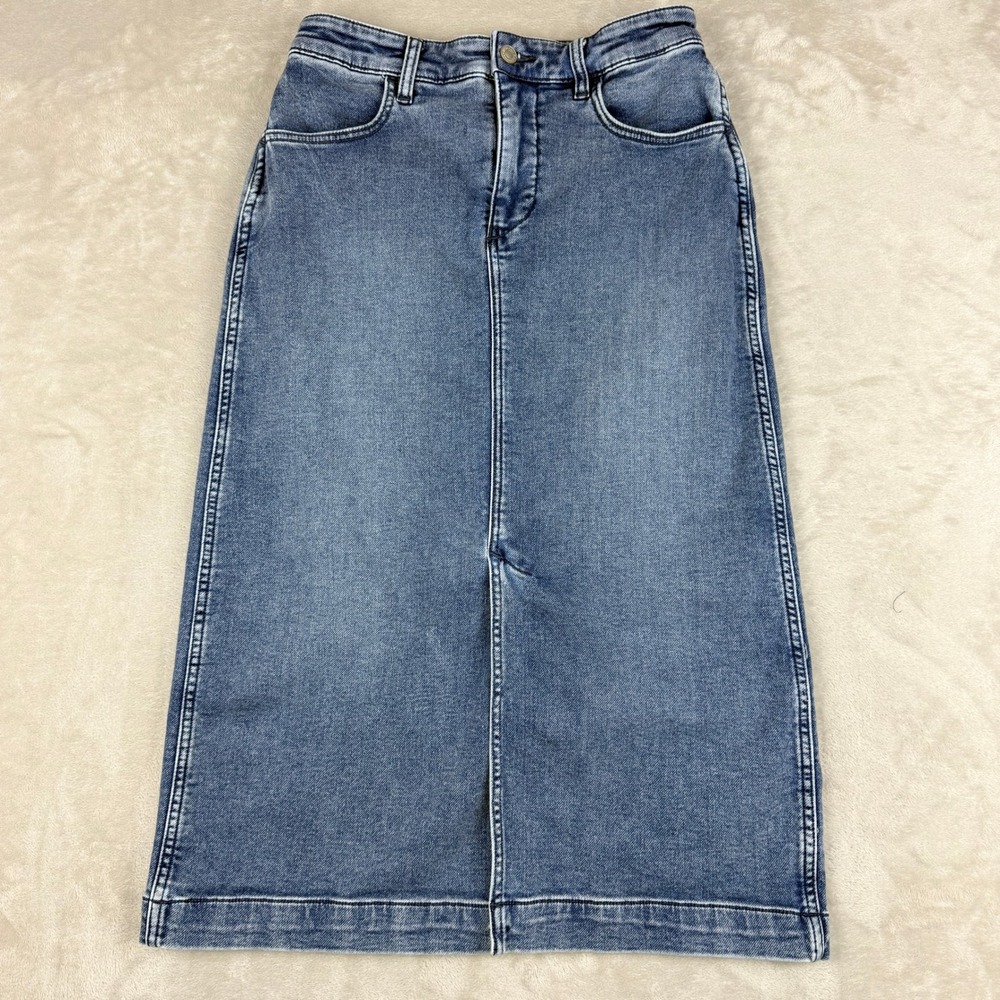 Faherty Denim Skirt Womens 6 Blue Medium Wash Stretch Terry Midi A-line Boho